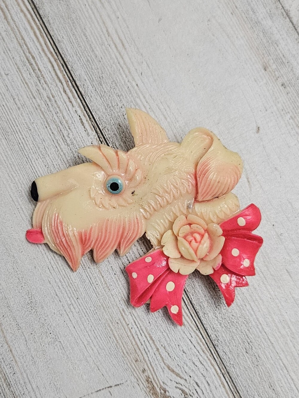 Occupied Japan Celluloid Dog Polka Dot Bow Pin Accessory Vtg